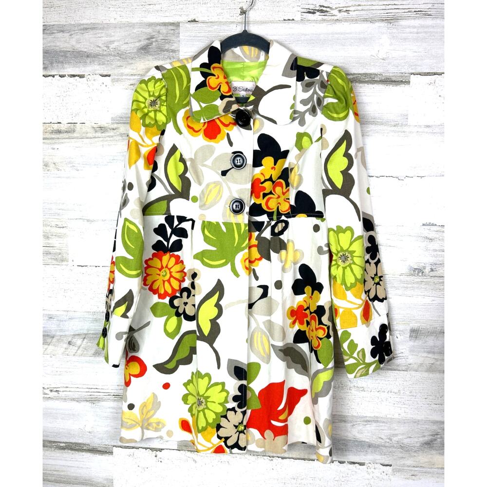 3 Sisters Womens S White Multicolor Floral Boho Vintage Button Up Coat Jacket